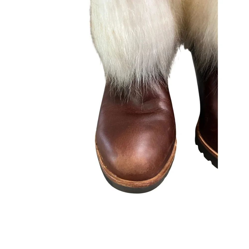 Sorel Faux Fur Trim Brown Leather Wedge Winter Boots Lug Mid Calf Womens‎ 6.5